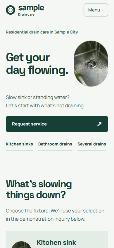 After: redesigned fictional Sample Drain Care website, captured at 390 by 844 pixels.