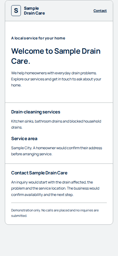 Before: preserved fictional Sample Drain Care website, captured at 390 by 844 pixels.