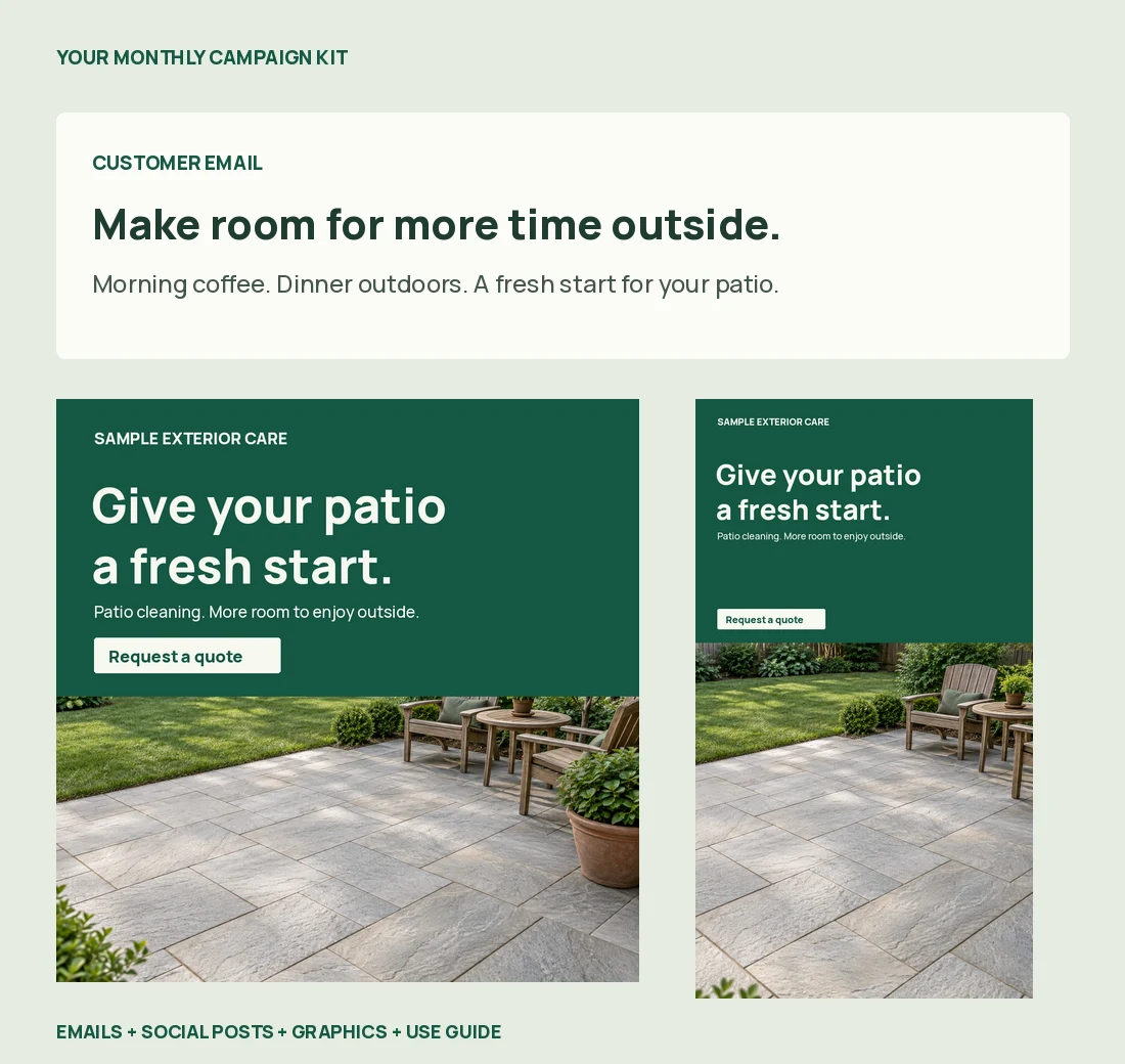 Illustrative Sample Exterior Care promotion: coordinated customer email, square and vertical patio graphics, and social copy.