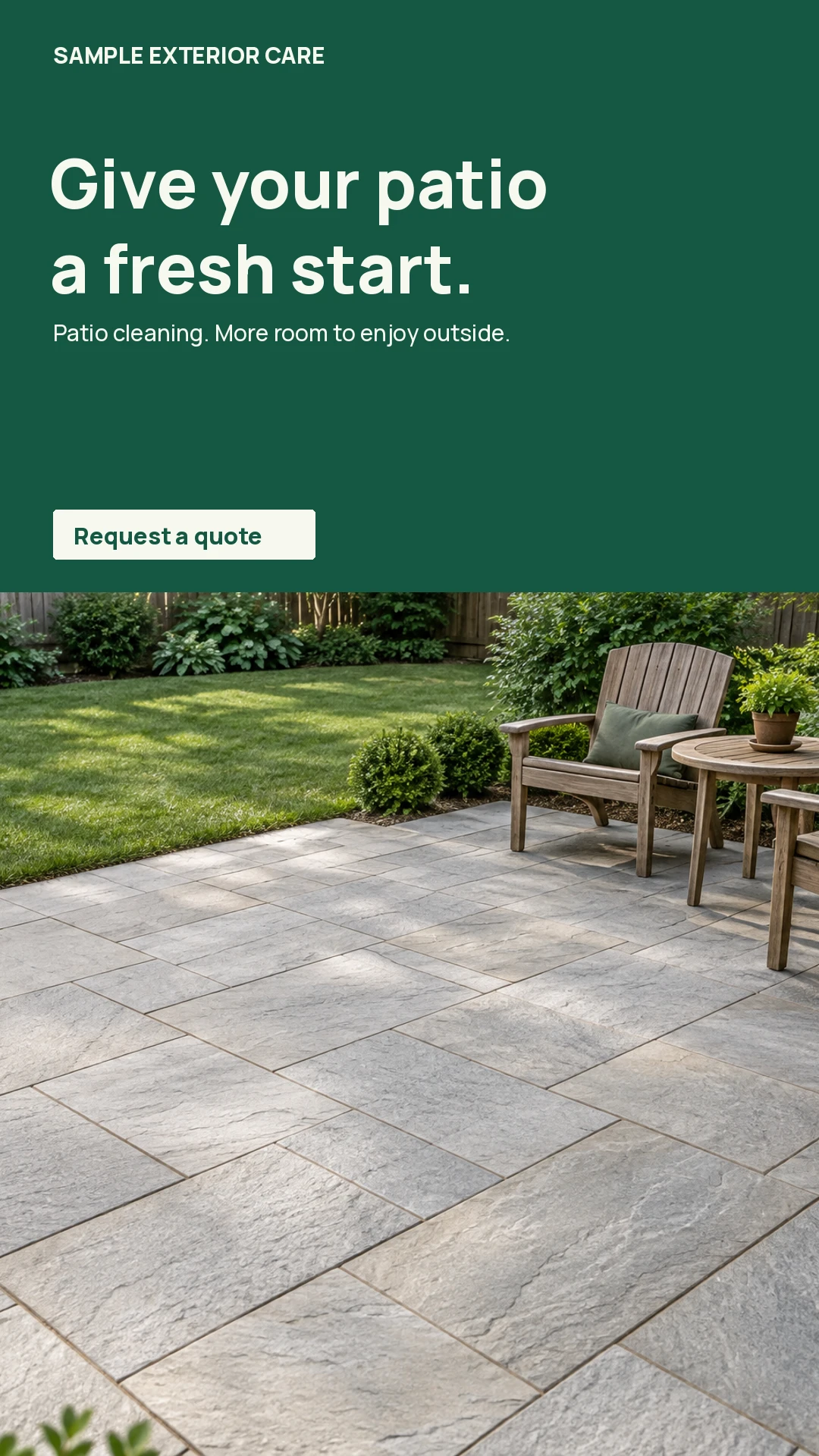 The same Sample Exterior Care promotion in a vertical format, with patio photography and a Request a Quote call to action.