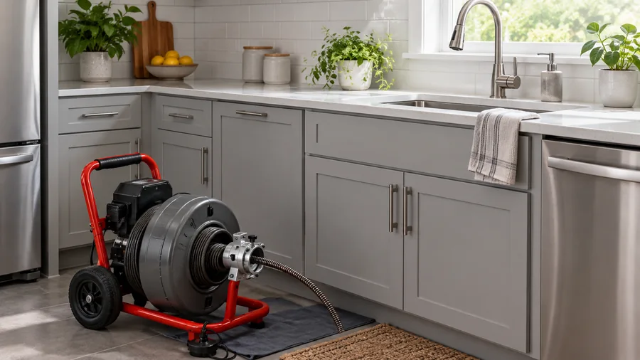 A drain-cleaning cable machine beside a residential kitchen sink.