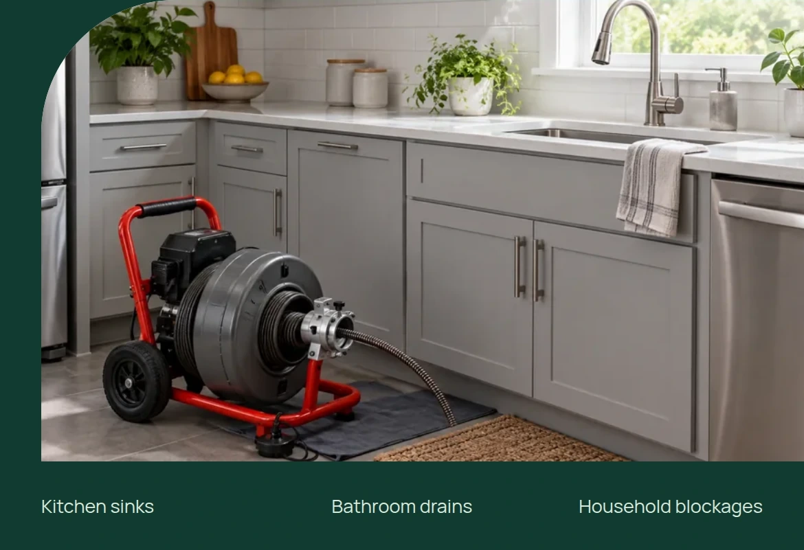 Photographic detail from the fictional Sample Drain Care website. Opens the design example, not a service request.