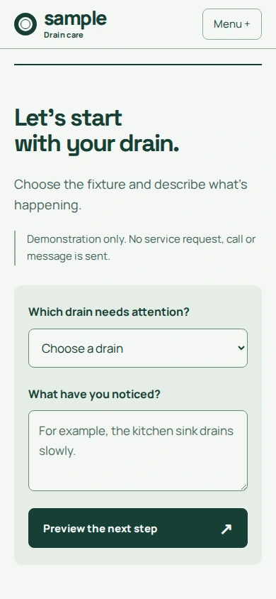 Actual mobile demonstration inquiry on the new fictional website, captured at 390 by 844 pixels.